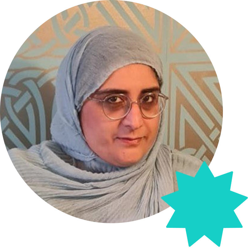 An image of writer Azma Dar in a circular frame