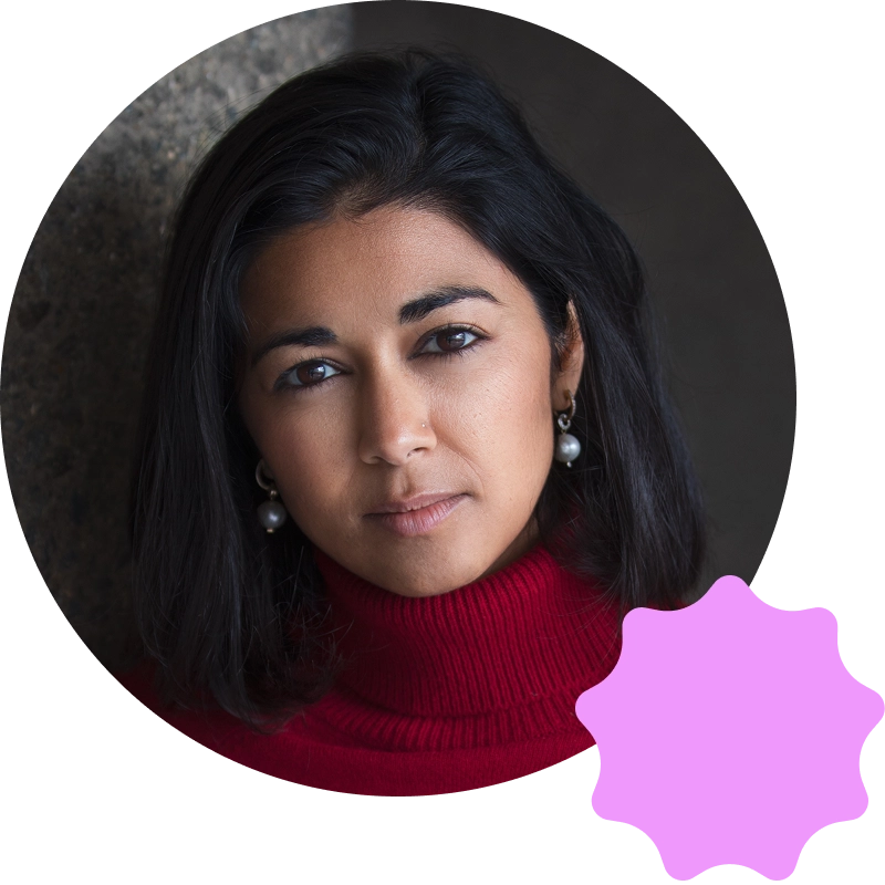 An image of writer Iman Qureshi in a circular frame